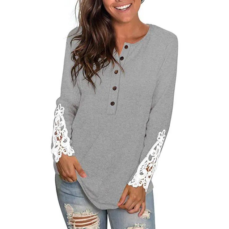 Women's Long Sleeve Solid Color Round Neck Lace Buttons Tunic Tops