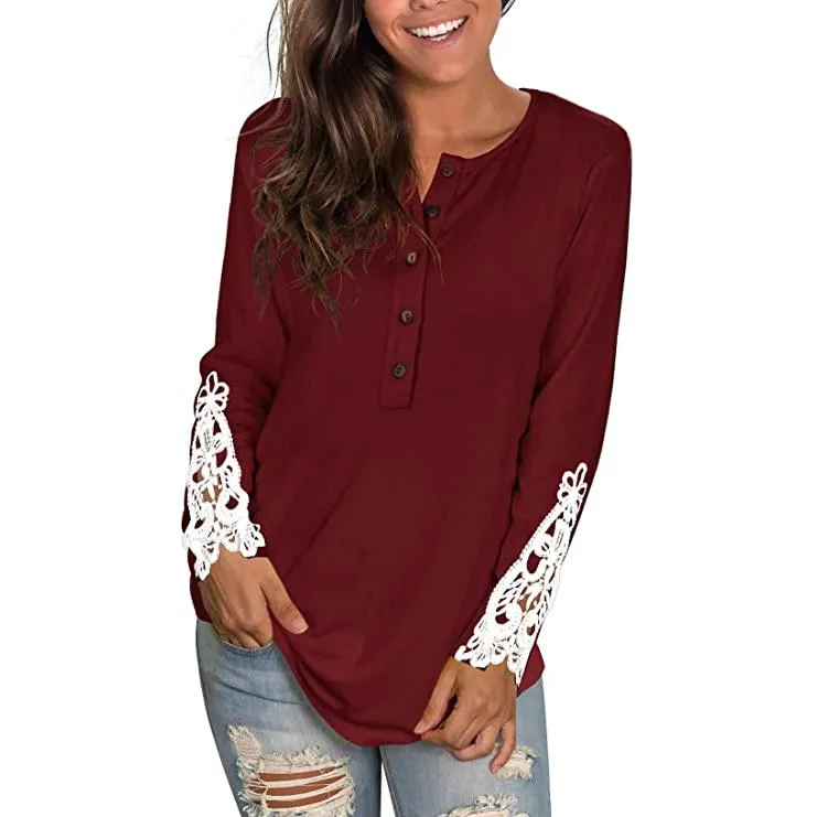 Women's Long Sleeve Solid Color Round Neck Lace Buttons Tunic Tops