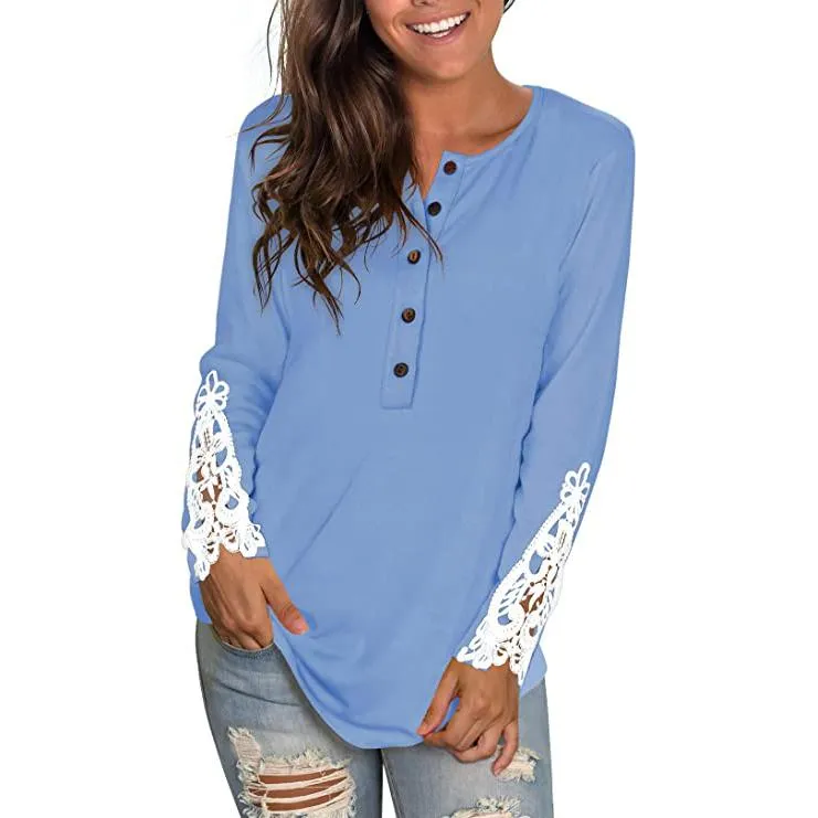 Women's Long Sleeve Solid Color Round Neck Lace Buttons Tunic Tops