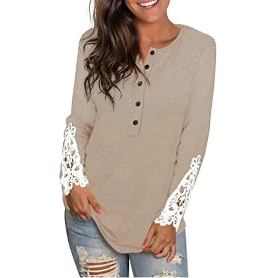 Women's Long Sleeve Solid Color Round Neck Lace Buttons Tunic Tops