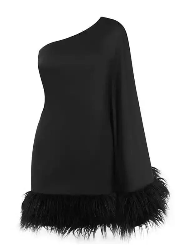 Women’s sexy one-shoulder furry hem cape dress