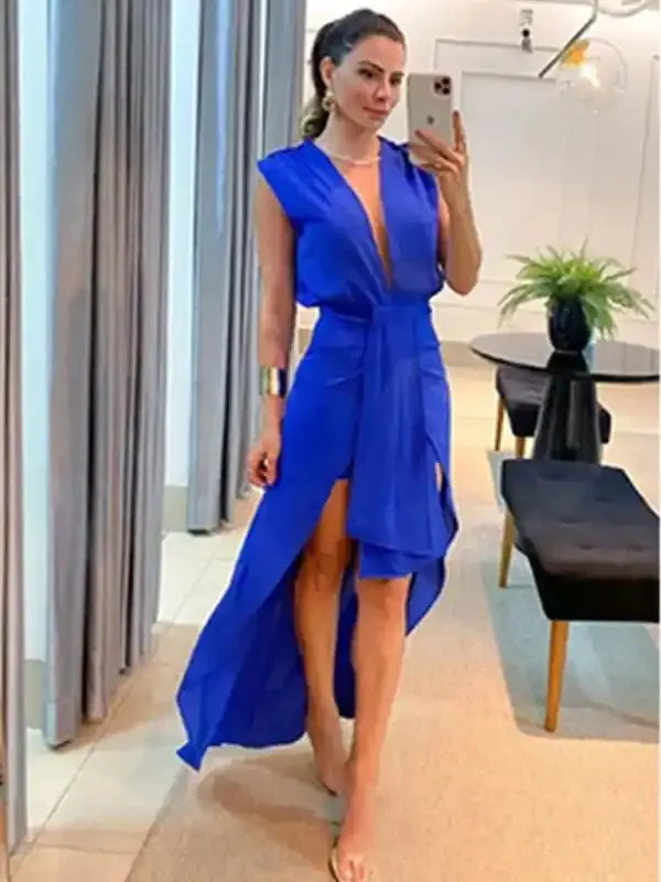 Women’s simple new deep V-neck sleeveless double layer dress