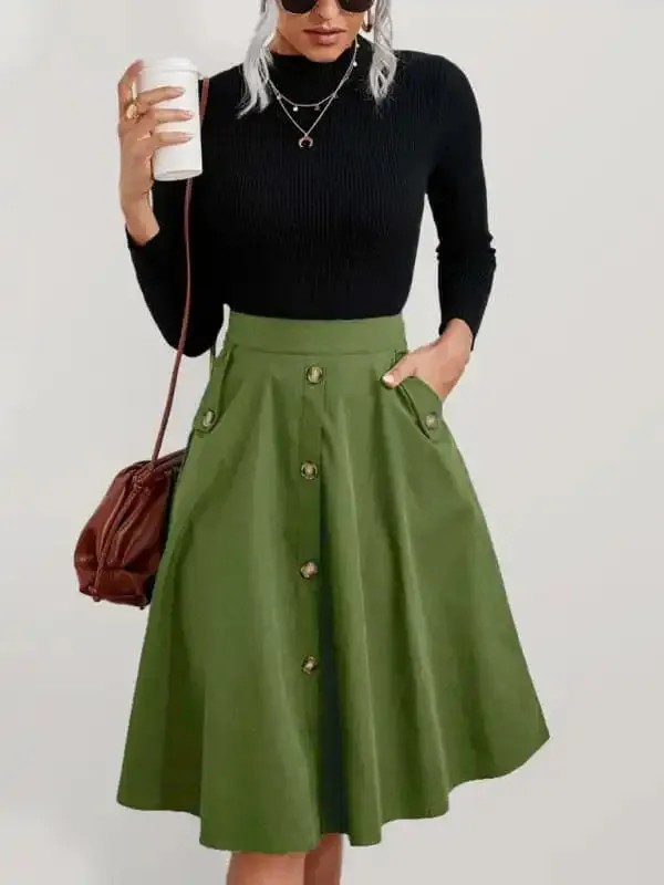 Women’s Solid Color Faux Button Front Midi Length A Line Skirts