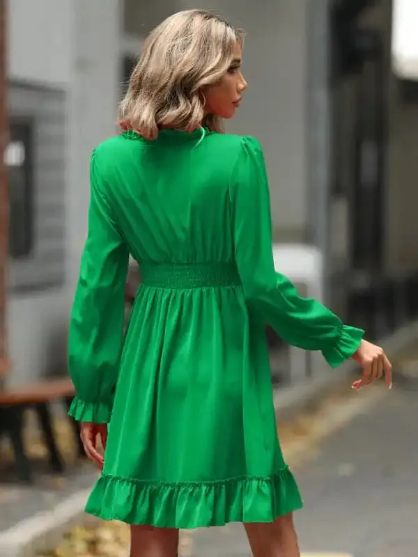 Women’s Solid Color Long-sleeve V-neck Ruffle-hem Mini Dress