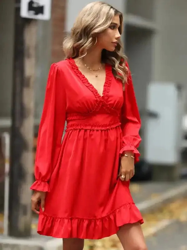 Women’s Solid Color Long-sleeve V-neck Ruffle-hem Mini Dress