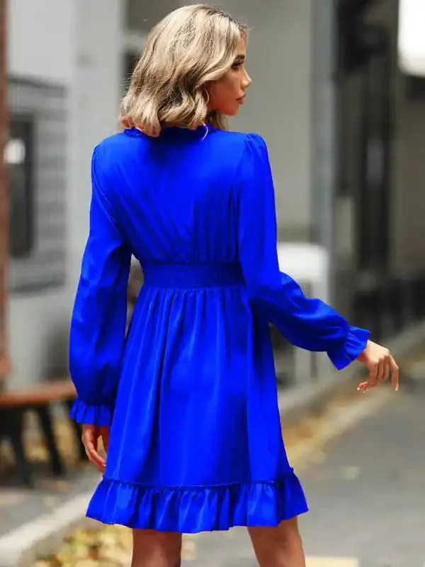 Women’s Solid Color Long-sleeve V-neck Ruffle-hem Mini Dress