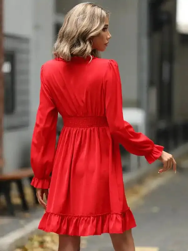 Women’s Solid Color Long-sleeve V-neck Ruffle-hem Mini Dress