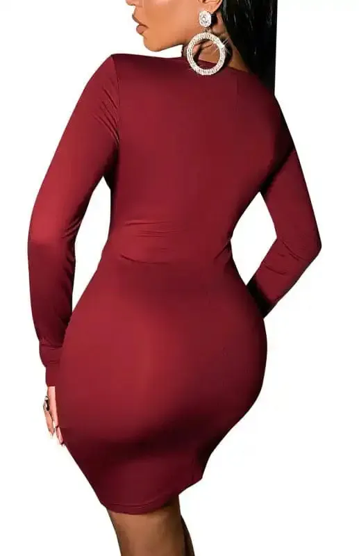 Women’s Solid Color Long-sleeve V-neck Ruffle-hem Mini Dress