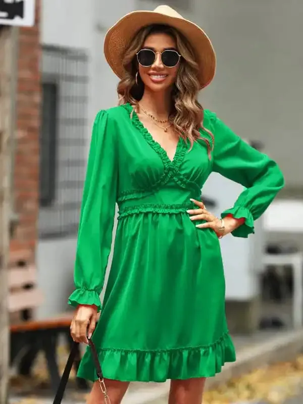 Women’s Solid Color Long-sleeve V-neck Ruffle-hem Mini Dress