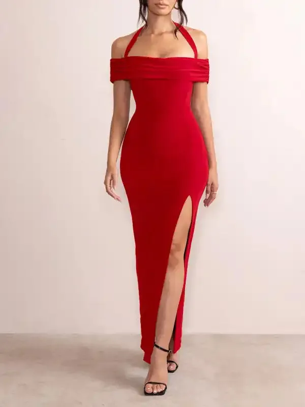 Women’s Solid Color Sexy Split Neck Halter Neck Long Dress