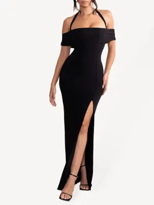 Women’s Solid Color Sexy Split Neck Halter Neck Long Dress