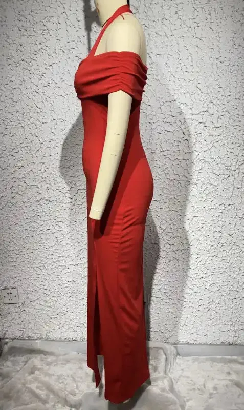 Women’s Solid Color Sexy Split Neck Halter Neck Long Dress