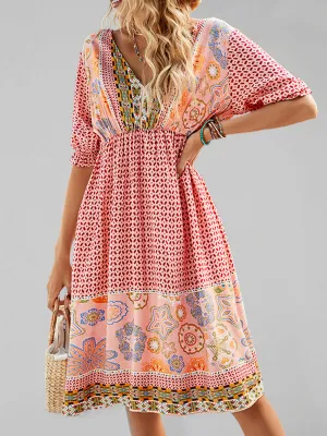 Women's Woven V-Neck Short Sleeve Bohemian Resort Dress