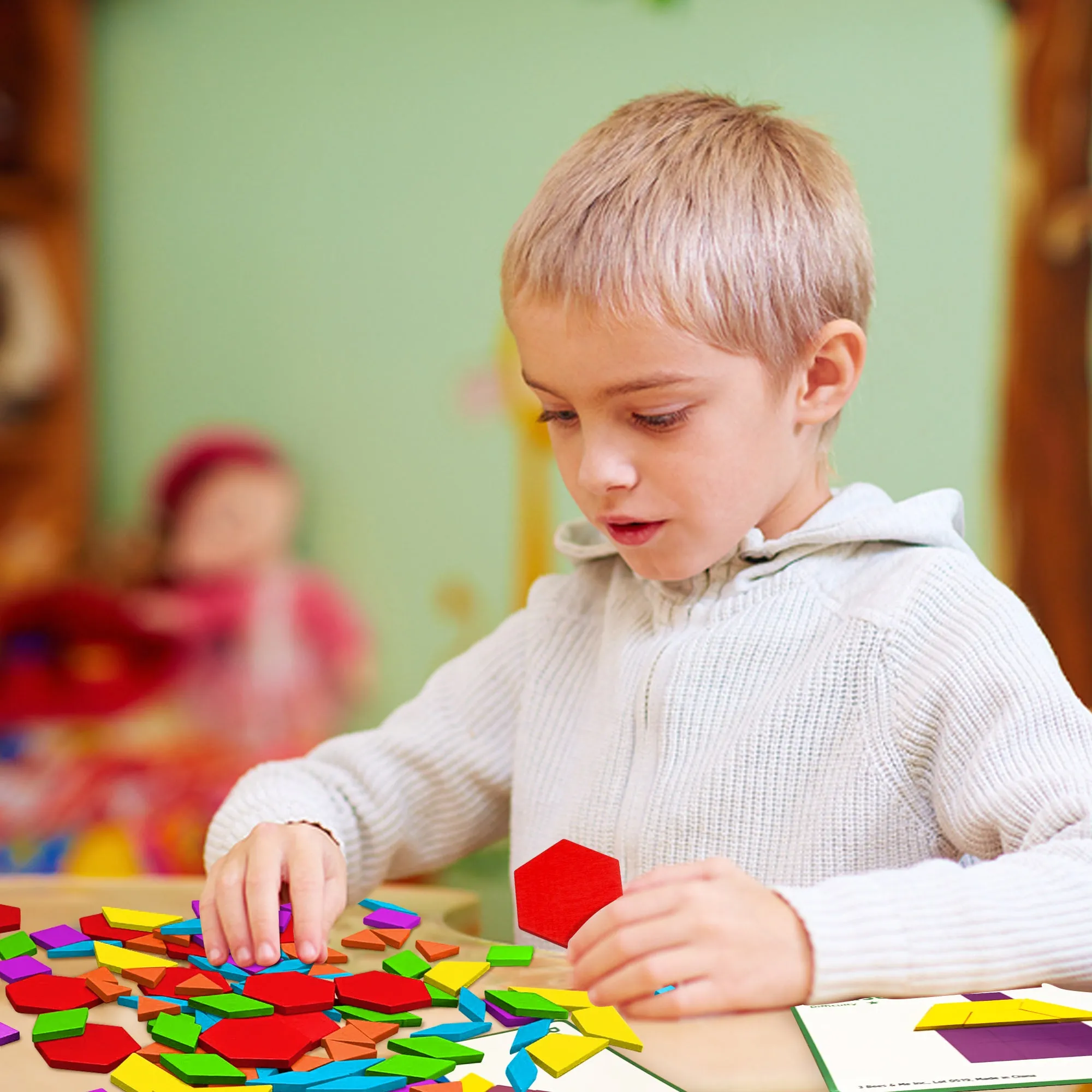 Wooden Pattern Blocks Tanagram Set - Fun Learning Toys for Ages 3 to 9