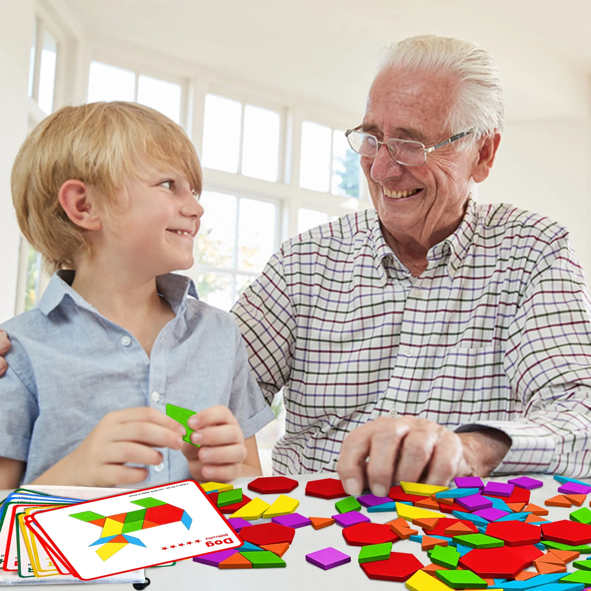 Wooden Pattern Blocks Tanagram Set - Fun Learning Toys for Ages 3 to 9